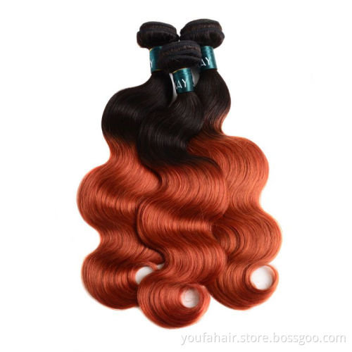 Free Sample Peruvian Human Hair Bundles Orange Ombre Color 1b/350# Body Wave Virgin Cuticle Aligned Human Hair Weaves Extensions
